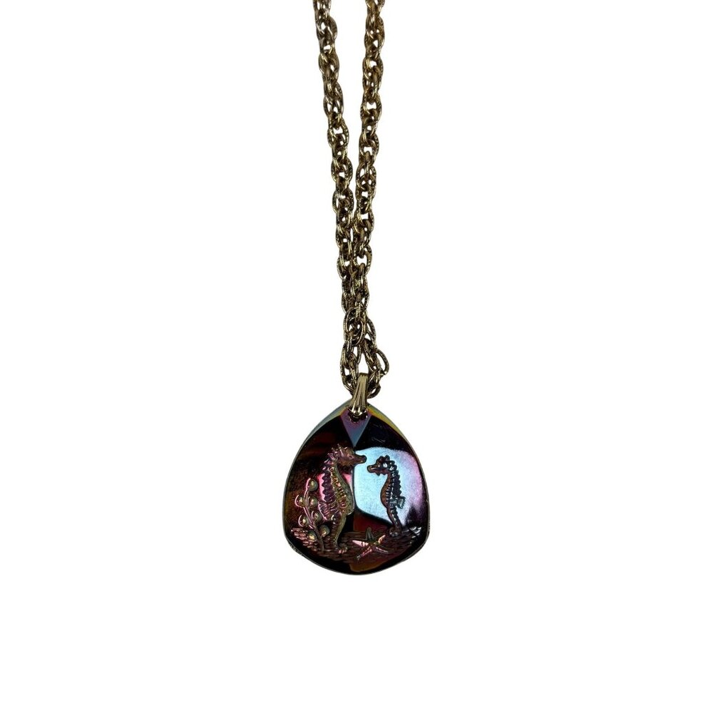 Vintage 70s Seahorse Necklace Rainbow Holographic Tropical Vacation Long Chain P - Picture 8 of 9